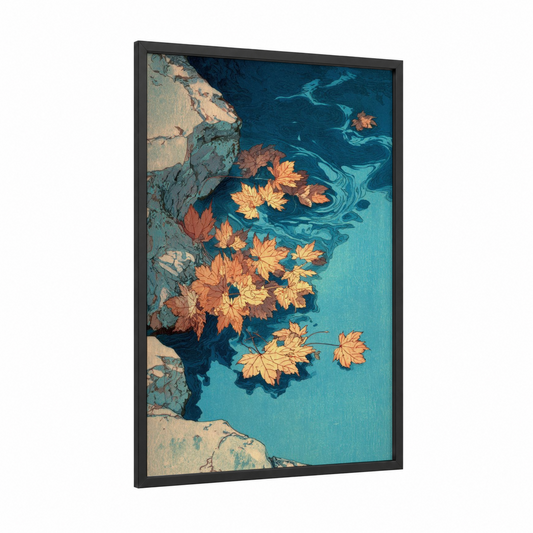 Autumn Leaves Floating framed leaf print — black wood frame — teal and gold and pink palette