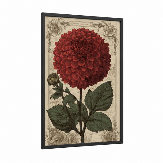 Crimson Dahlia framed art print — black wood frame — red and dark green palette