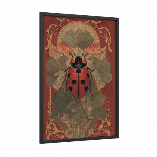 Crimson Lotus Ladybug framed art print — black wood frame — maroon and gold palette