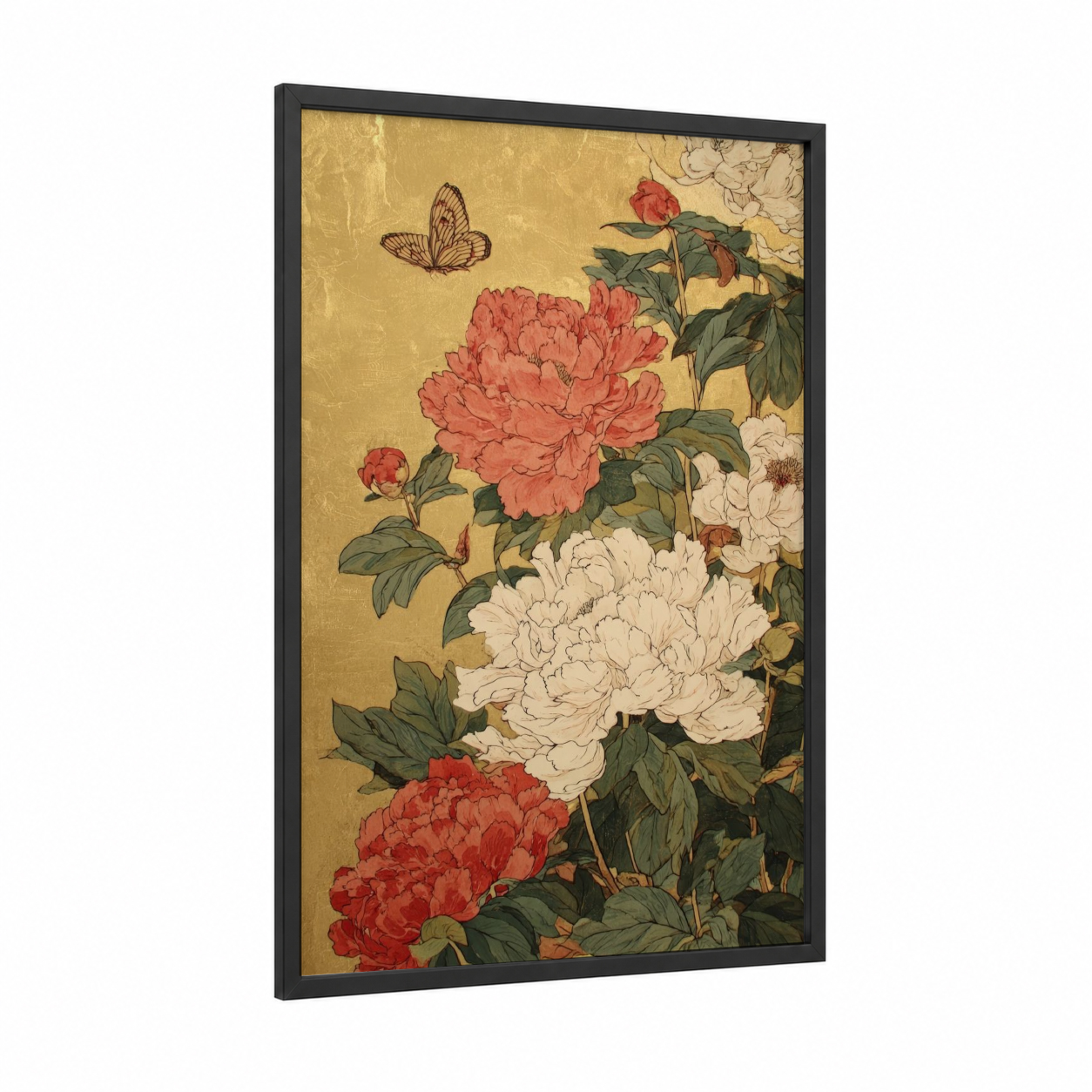 Golden Peony Butterflies framed art print — black wood frame — gold and salmon pink palette