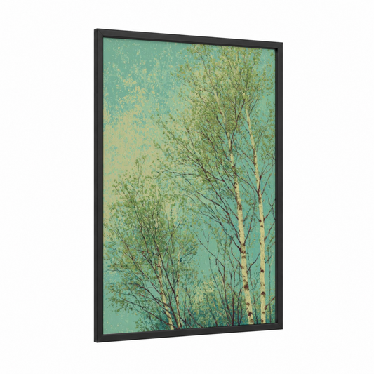 Turquoise Birch Trees framed art print — black wood frame — teal and cream palette