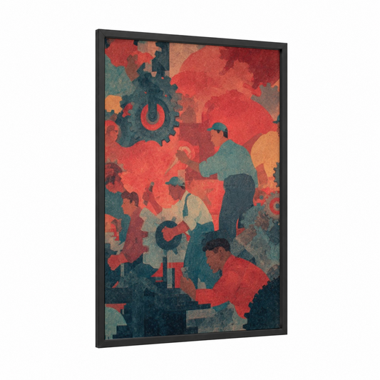 Industrial Labor Day framed art print — black wood frame — red and teal palette