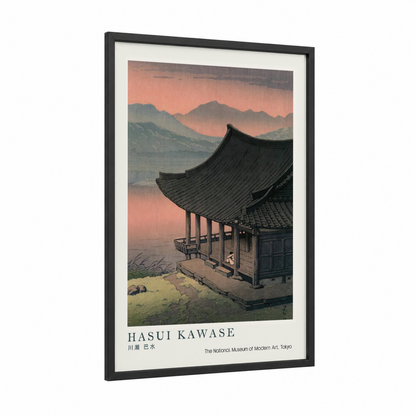 Serene Temple Landscape framed art print — black wood frame — peach and sage green palette