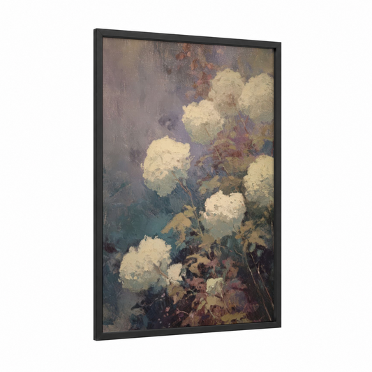 Misty Lilac Blooms framed art print — black wood frame — cream and dove gray palette