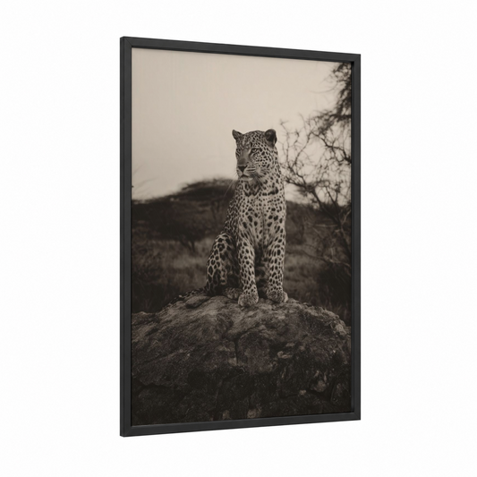 Stoic Leopard framed art print — black wood frame — black and white and gray palette