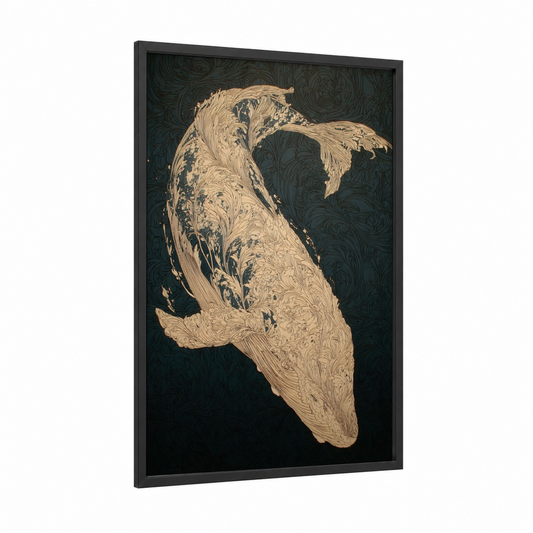 Deep Ocean Sperm Whale framed art print — black wood frame — cream and dark blue palette