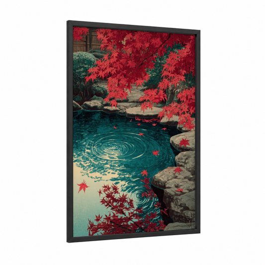 Crimson Maple Pond framed maple forest print — black wood frame — red and teal palette