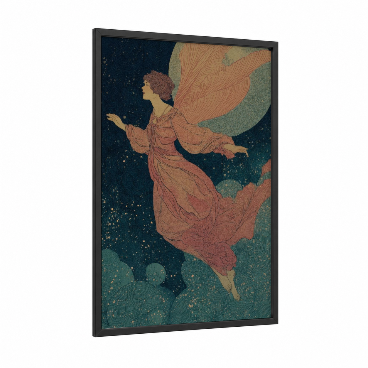 Celestial Fairy framed art print — black wood frame — teal and gold and pink palette