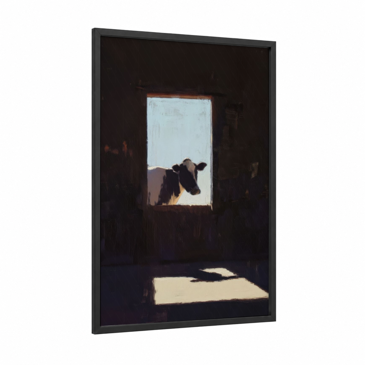 Barn Window Cow framed jersey cow print — black wood frame — black and cream palette