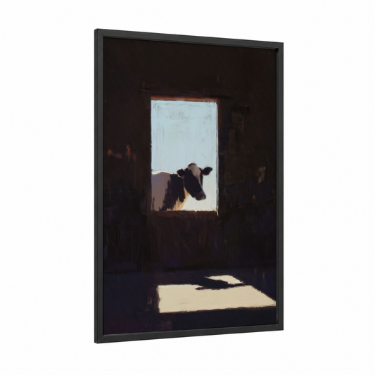 Barn Window Cow framed jersey cow print — black wood frame — black and cream palette