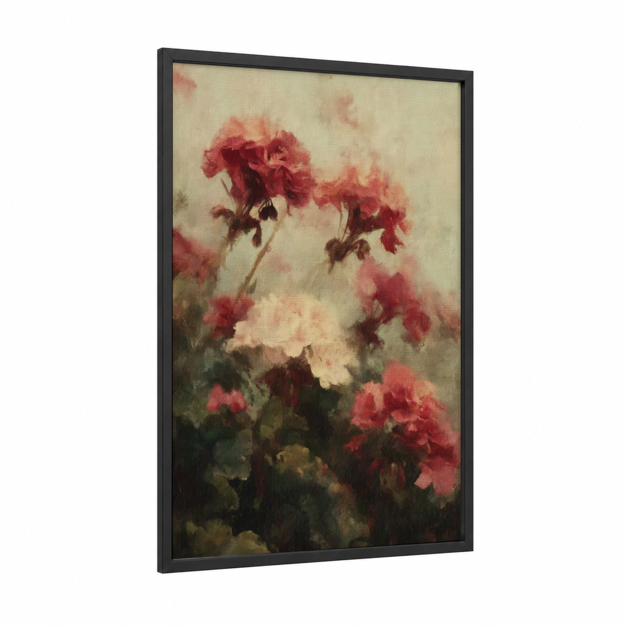 Crimson Geranium Vintage framed art print — black wood frame — red and cream palette