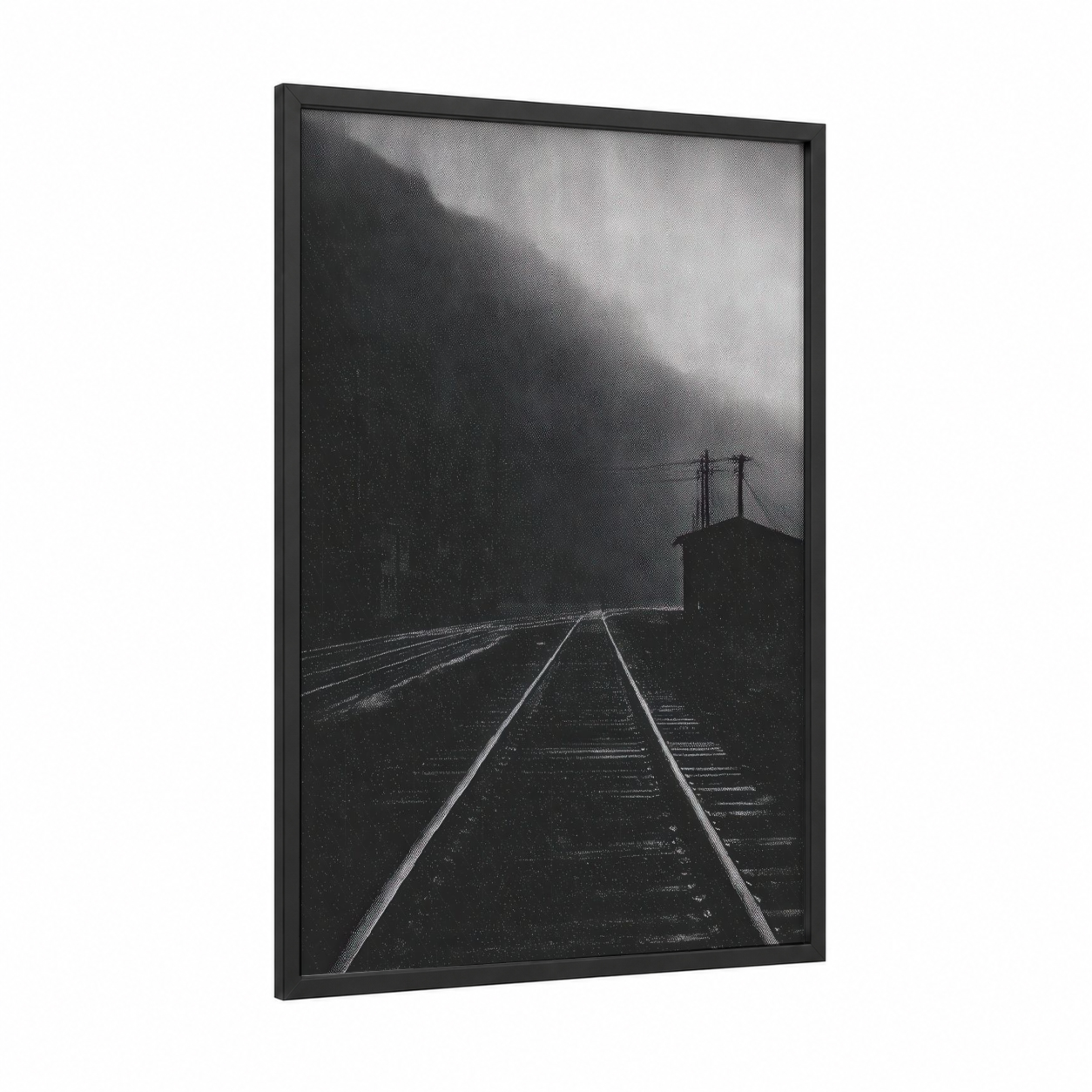 Vanishing Rails framed train tracks print — black wood frame — black and white and gray palette
