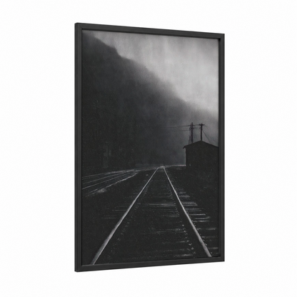 Vanishing Rails framed train tracks print — black wood frame — black and white and gray palette
