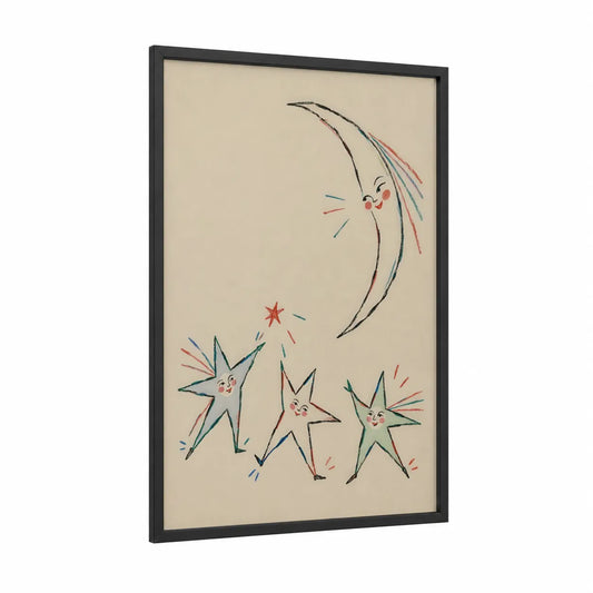 Smiling Moon and Stars Wall Art framed art print — black wood frame — cream and blue palette