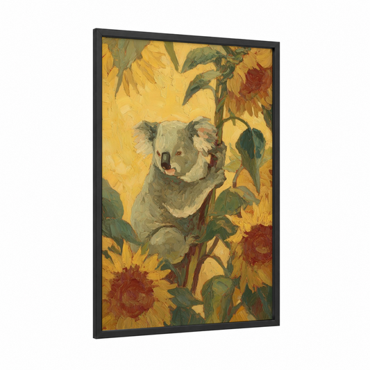 Sunflower Koala framed art print — black wood frame — gold and green palette