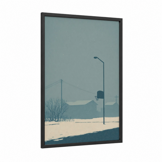 Snowy Basketball Court framed art print — black wood frame — dove gray and blue and white palette
