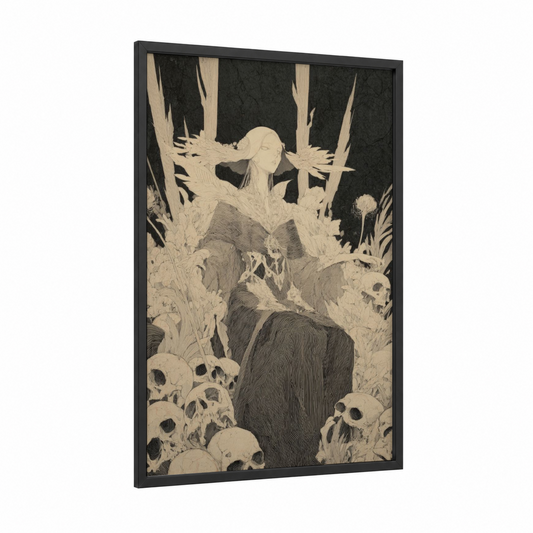 Skeletal Rebirth framed dark fantasy print — black wood frame — black and white and gray palette