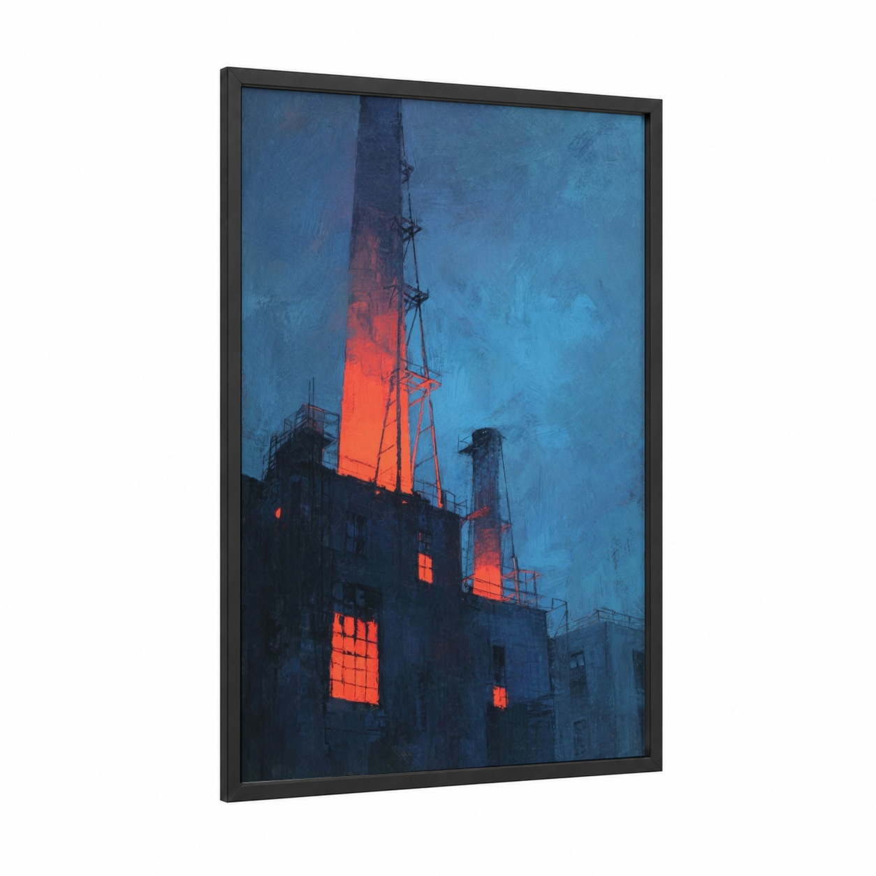 Neon Power Station framed power plant print — black wood frame — blue and red palette