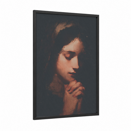 Contemplative Magdalena framed mary magdalena print — black wood frame — peach and espresso palette