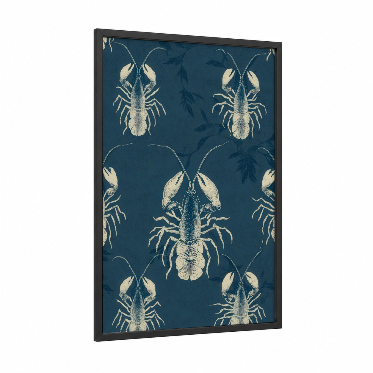 Indigo Crayfish framed art print — black wood frame — dark blue and cream palette