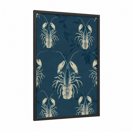 Indigo Crayfish framed art print — black wood frame — dark blue and cream palette
