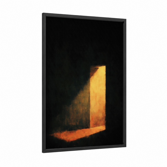 Golden Doorway framed art print — black wood frame — gold and black palette