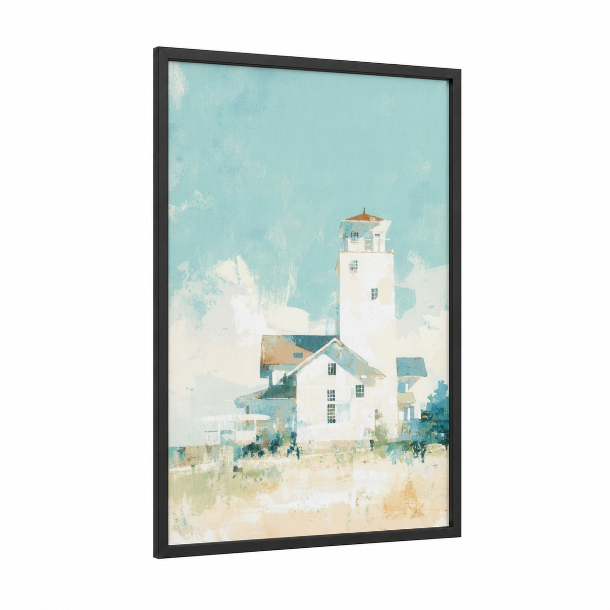 Coastal Lighthouse framed towers print — black wood frame — light green and blue and white palette