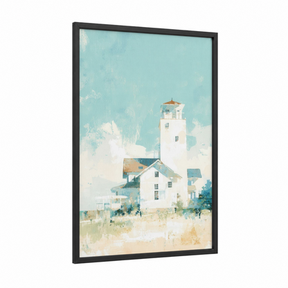 Coastal Lighthouse framed towers print — black wood frame — light green and blue and white palette