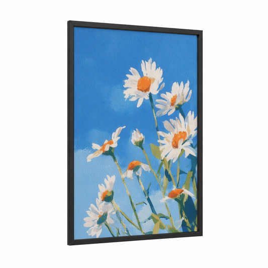 Blue Sky Daisies framed daisy print — black wood frame — blue and white palette