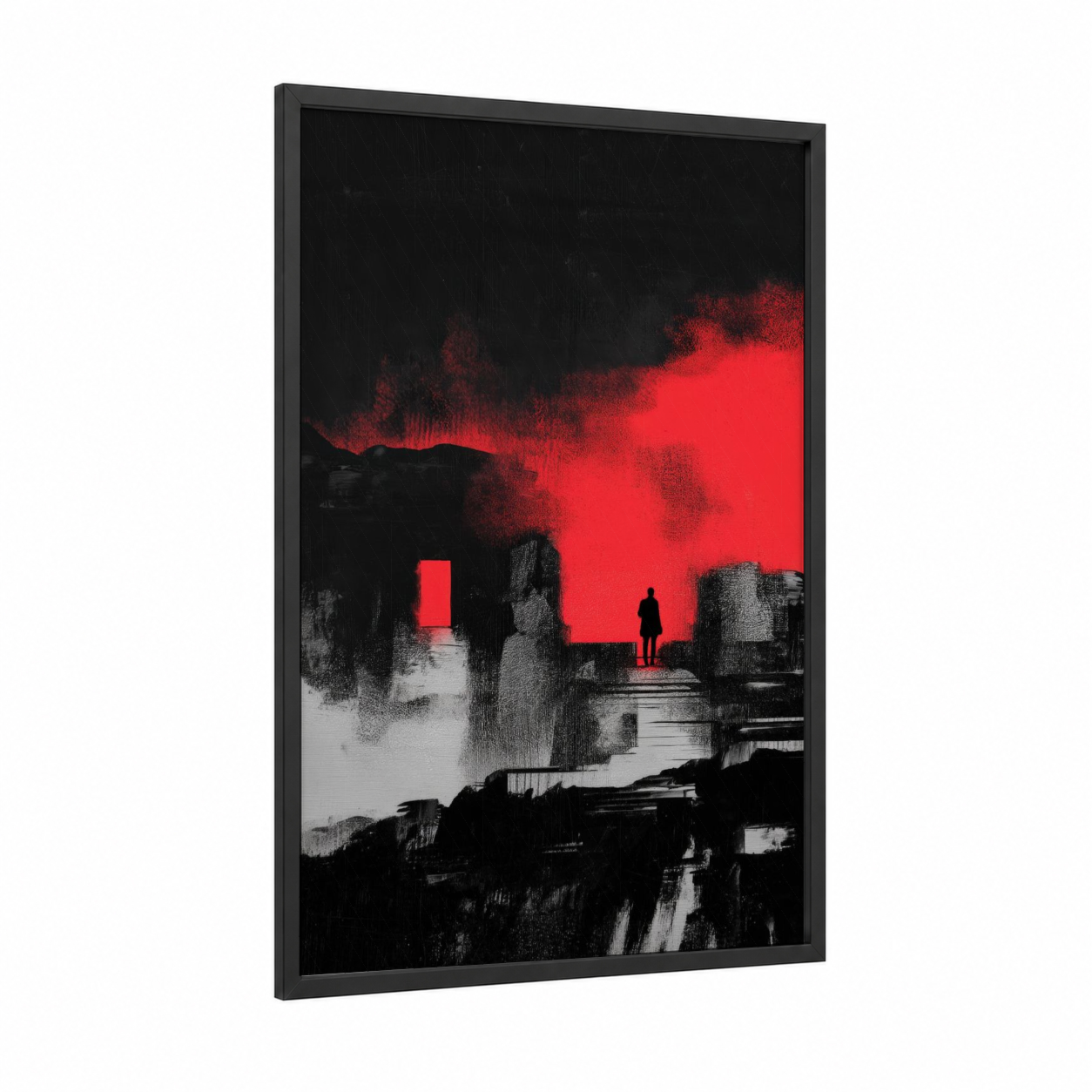 Crimson Portal framed abstract classic print — black wood frame — black and red and red palette
