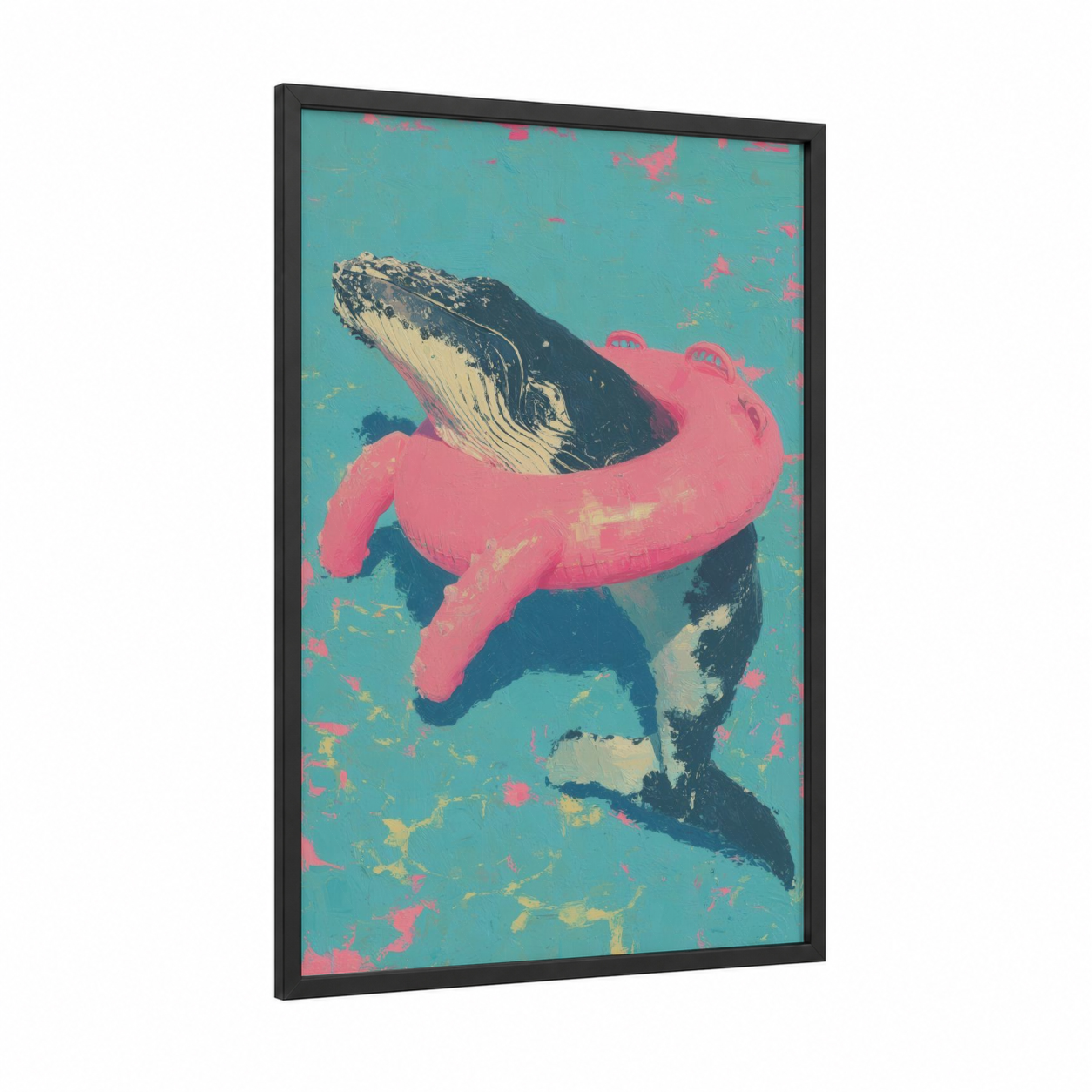 Pink Embrace Whale framed humpback whale print — black wood frame — turquoise and magenta palette