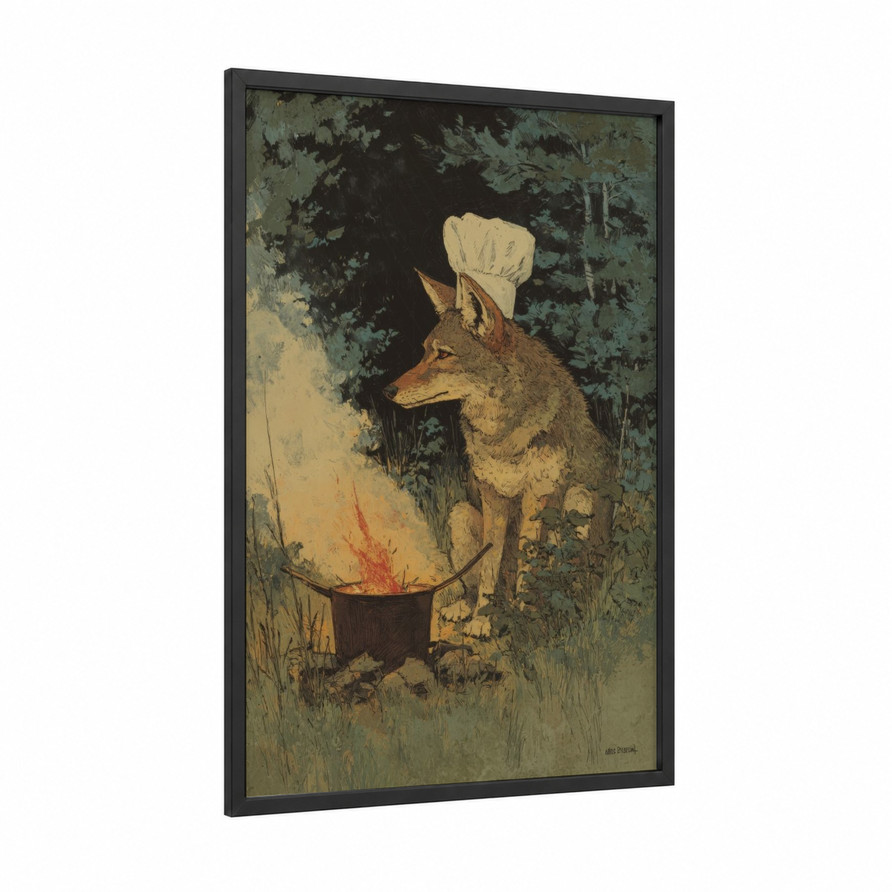 Chef Coyote framed art print — black wood frame — dark green and russet palette