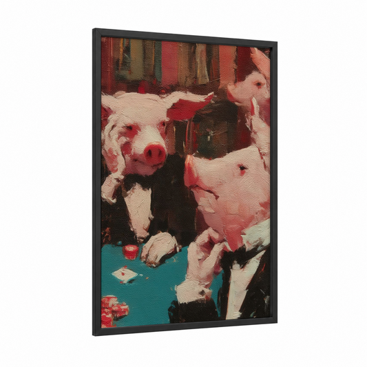 High-Stakes Pigs framed art print — black wood frame — red and cream palette