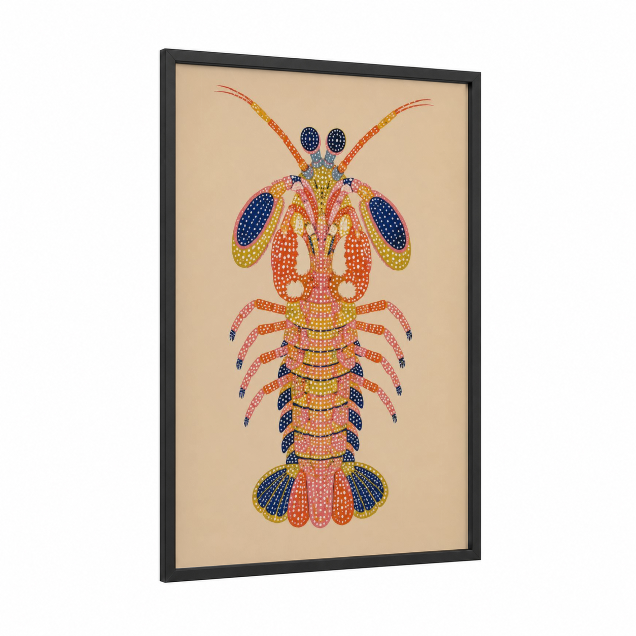 Geometric Lobster Marine Life Wall Art framed art print — black wood frame — orange and beige palette