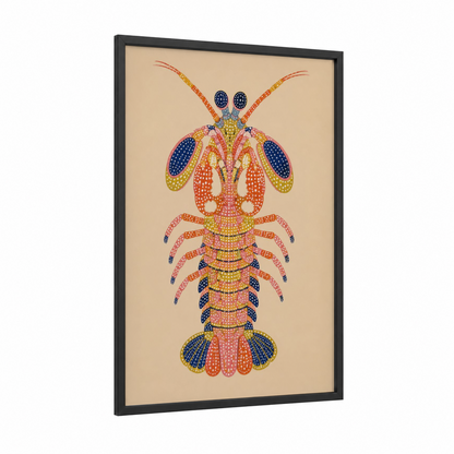 Geometric Lobster Marine Life Wall Art framed art print — black wood frame — orange and beige palette
