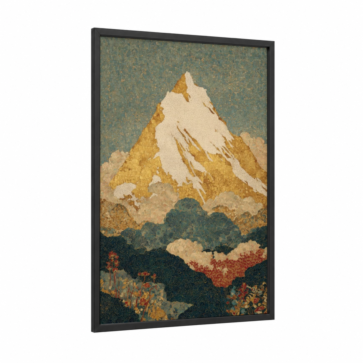 Golden Everest framed mount everest print — black wood frame — gold and dove gray palette