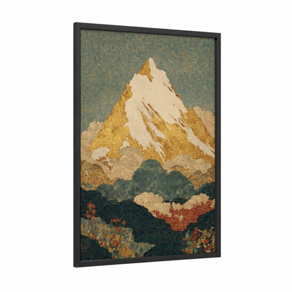 Golden Everest framed mount everest print — black wood frame — gold and dove gray palette