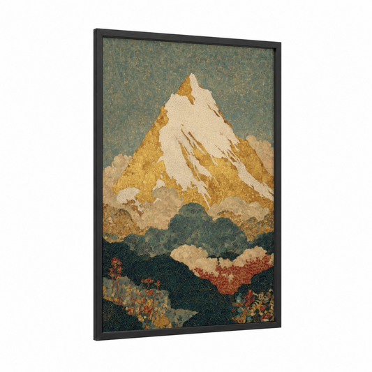 Golden Everest framed mount everest print — black wood frame — gold and dove gray palette