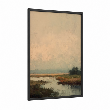 Misty Morning Wetlands framed morning sky print — black wood frame — beige and gray palette