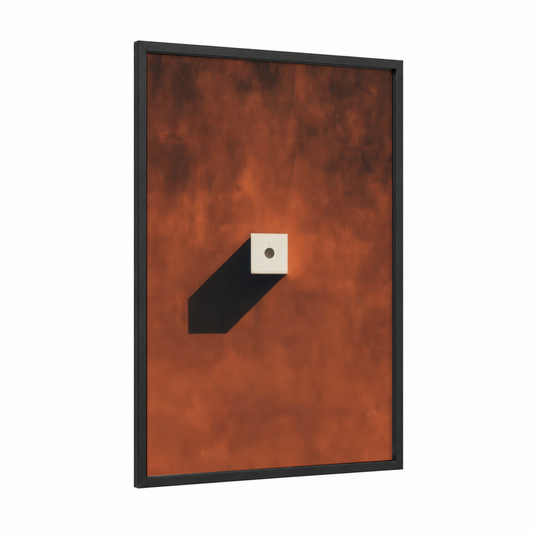 Burning Dice framed art print — black wood frame — russet and black palette