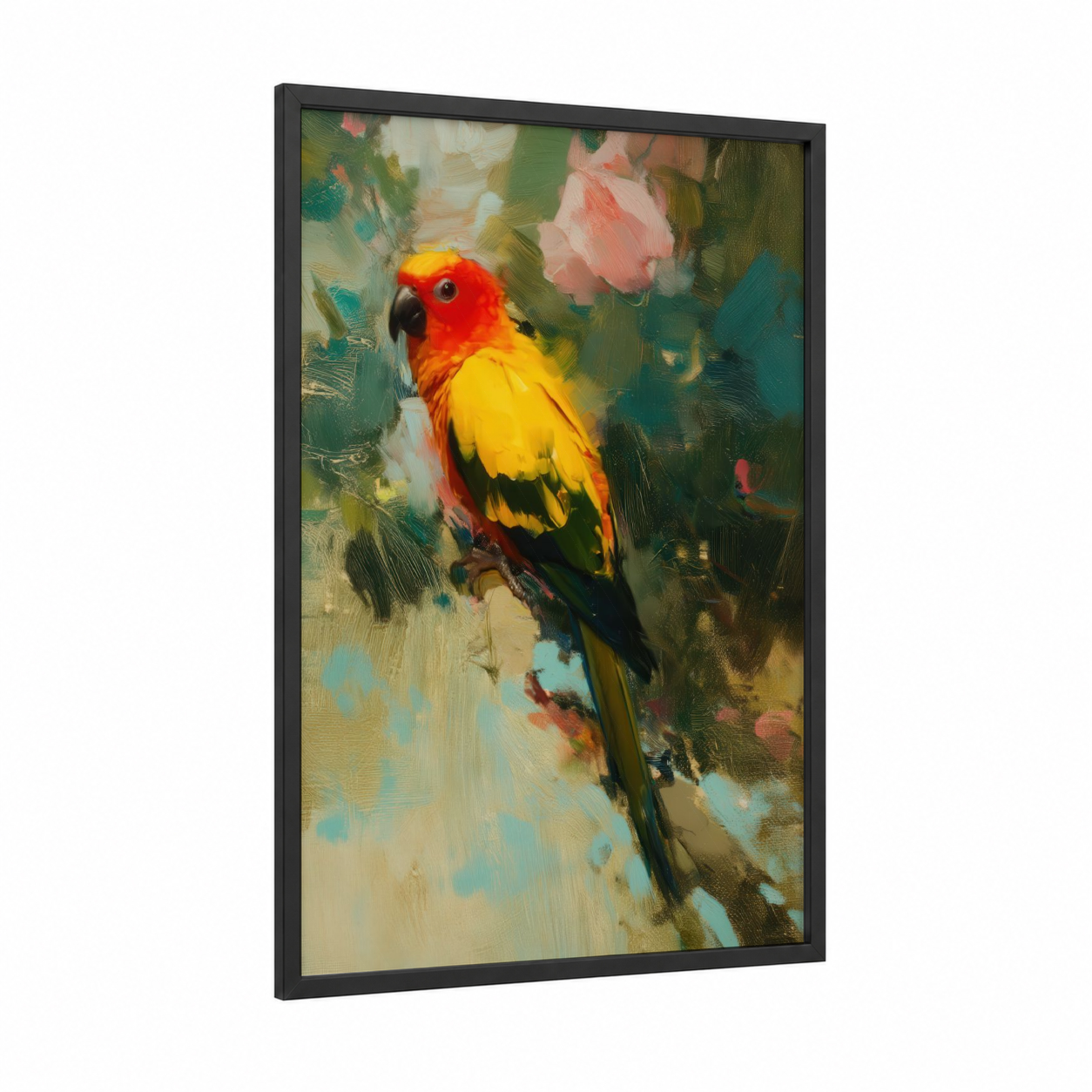 Scarlet Parrot framed safari parrots print — black wood frame — red and gold palette