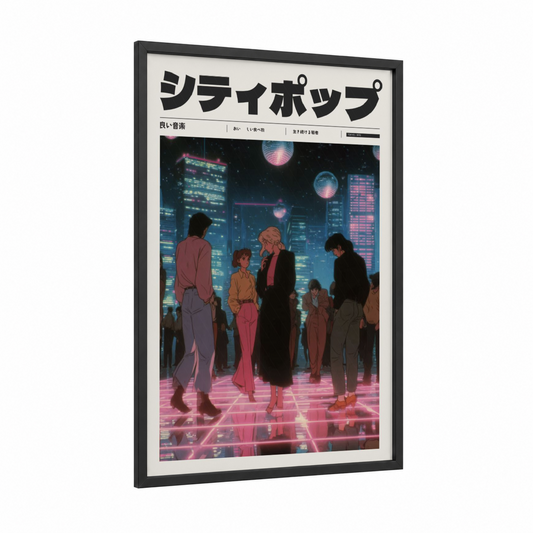Neon City Crowd framed anime and manga print — black wood frame — magenta and dark blue palette