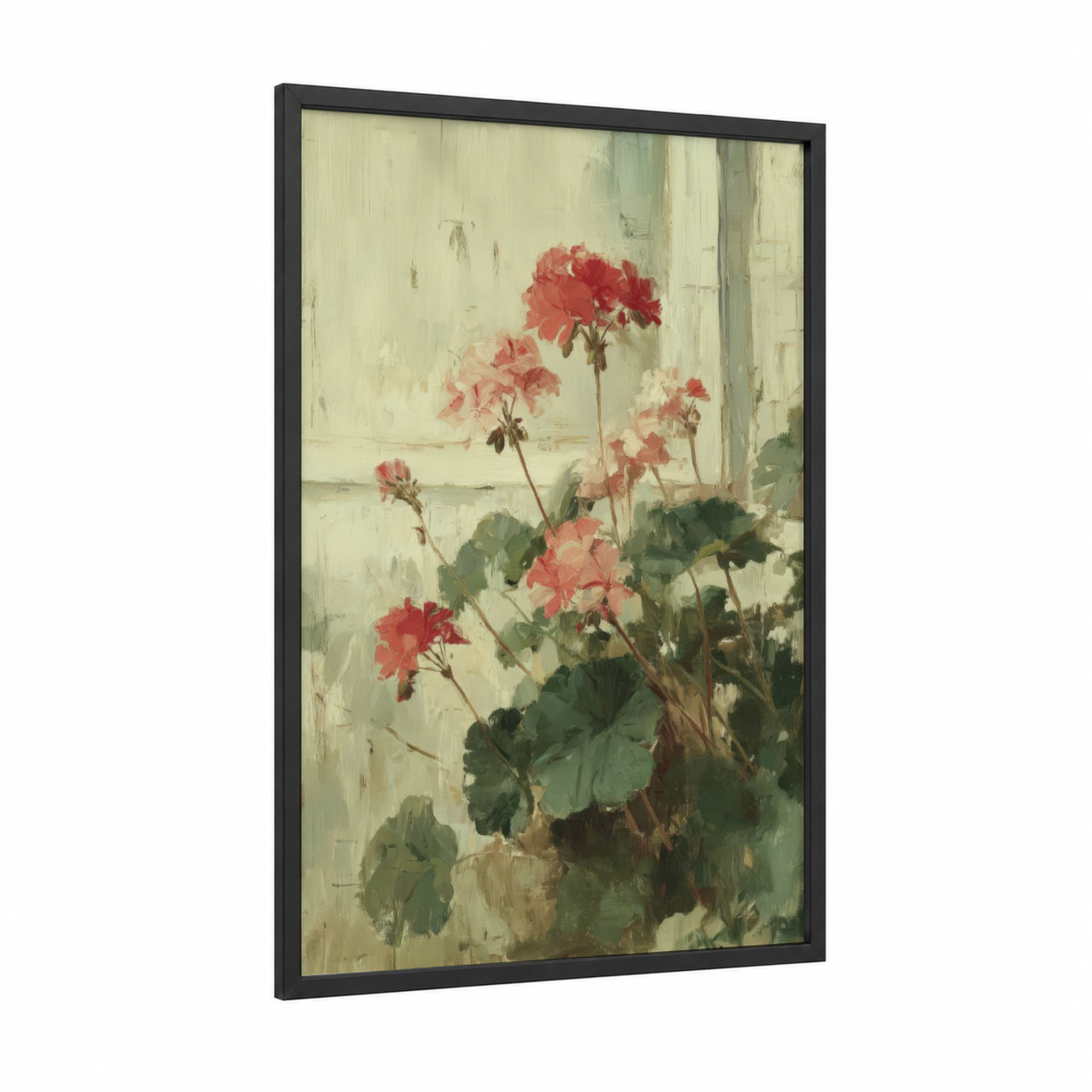 Window Geranium framed art print — black wood frame — cream and pink palette