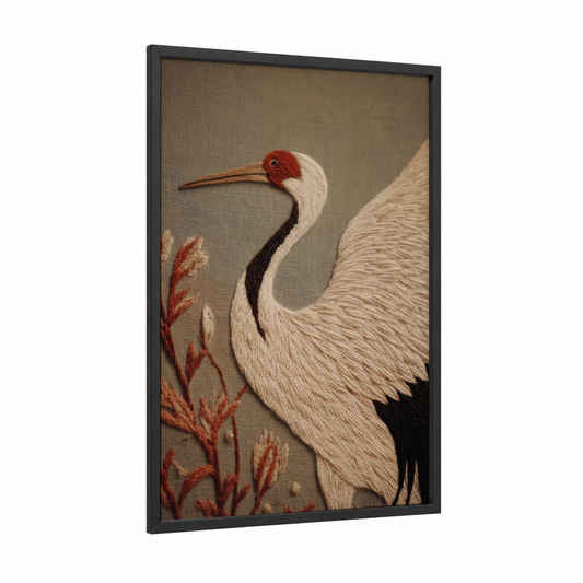 Embroidered Crane framed knitting and sewing print — black wood frame — cream and red palette