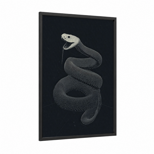 Coiled Rattlesnake framed art print — black wood frame — black and white palette