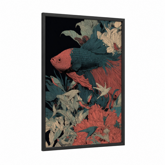 Coral Betta Fish framed art print — black wood frame — salmon pink and teal palette