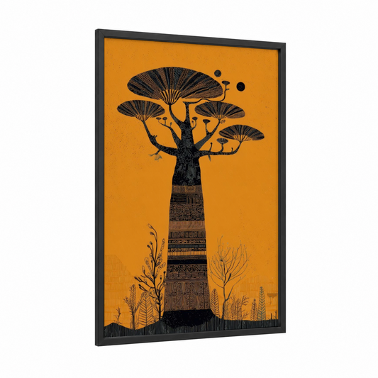 Golden Baobab framed baobab tree print — black wood frame — orange and black palette