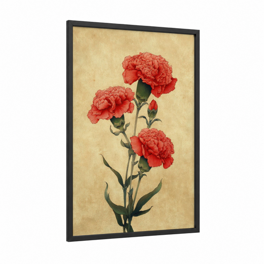 Crimson Carnations framed art print — black wood frame — red and beige palette