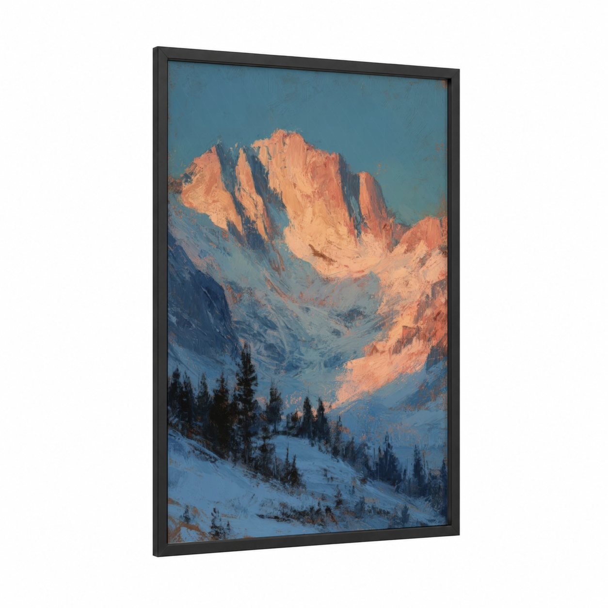 Alpine Sunrise Peak framed snowy mountains print — black wood frame — blue and peach palette