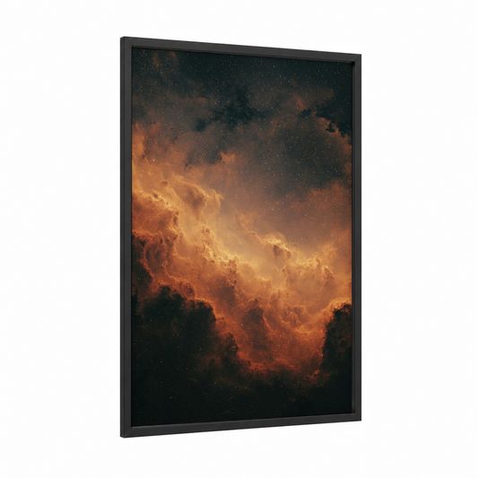 Cosmic Inferno Nebula framed art print — black wood frame — gold and black palette